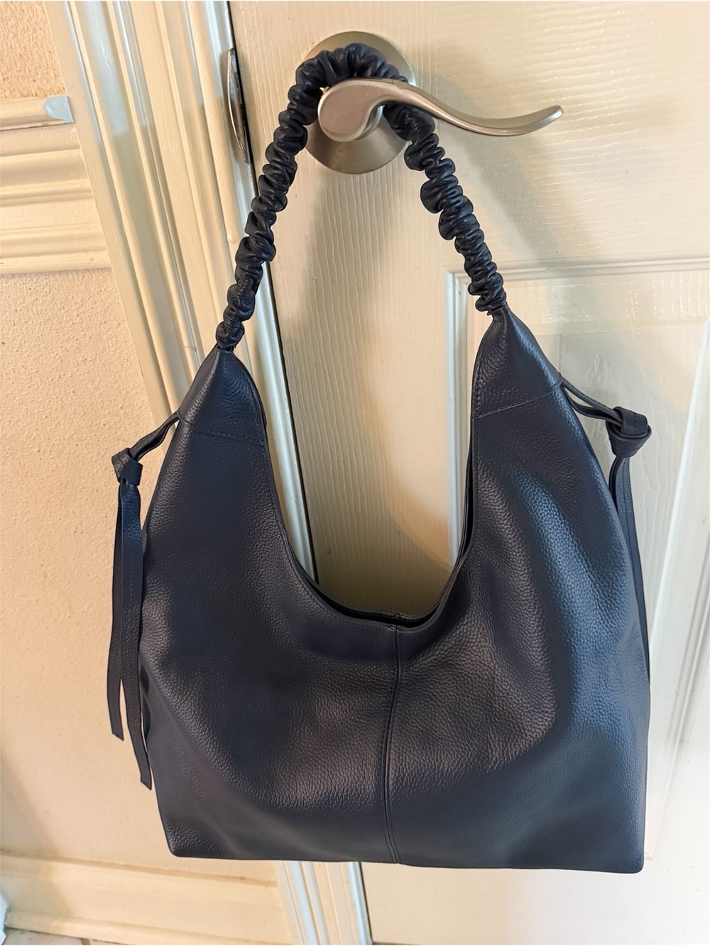 Laggo Bella hobo shoulder bag in pebbled navy leather gathered handle